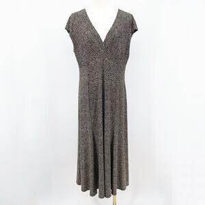 Jones New York V Neck Midi Dress 14 Black Tan Dot Print Fit Flare Office Career